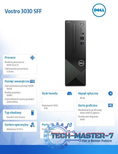 Komputer Vostro 3030 SFF Win11Pro i3-12100/16GB/1TB SSD/Intel UHD 730/WLAN + BT/Kb/Mouse/3YPS Komputer Vostro 3030 SFF Win11Pro i3-12100/16GB/1TB SSD/Intel UHD 730/WLAN + BT/Kb/Mouse/3YPS