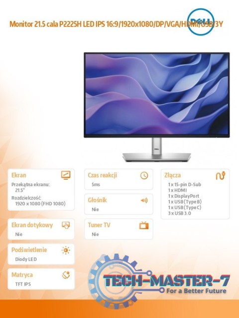 Monitor 21.5 cala P2225H LED IPS 16:9/1920x1080/DP/VGA/HDMI/USB/3Y Monitor 21.5 cala P2225H LED IPS 16:9/1920x1080/DP/VGA/HDMI/USB/3Y