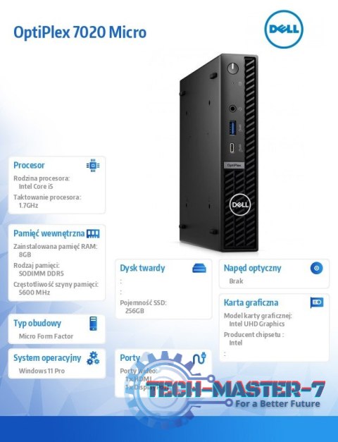 Komputer Optiplex MFF/Core i5-14500T/8GB/256GB SSD/Integrated/WLAN + BT/Kb/Mouse/W11Pro Komputer Optiplex MFF/Core i5-14500T/8GB/256GB SSD/Integrated/WLAN + BT/Kb/Mouse/W11Pro