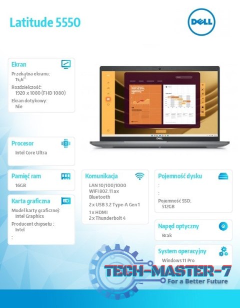 Notebook Latitude 5550 Win11Pro Ultra 7 165U/16GB/512GB SSD Gen4/15.6 HD/Integrated/FgrPr&SmtCd/FHD/IR Cam/Mic/WLAN+BT/Backlit K Notebook Latitude 5550 Win11Pro Ultra 7 165U/16GB/512GB SSD Gen4/15.6 HD/Integrated/FgrPr&SmtCd/FHD/IR Cam/Mic/WLAN+BT/Backlit K