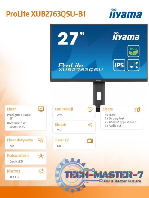 Monitor 27 cali ProLite XUB2763QSU-B1 IPS,QHD,HAS,100Hz Monitor 27 cali ProLite XUB2763QSU-B1 IPS,QHD,HAS,100Hz