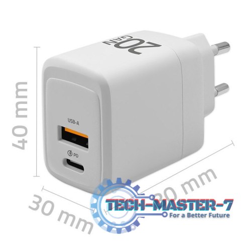 Ładowarka sieciowa 20W GaN | 5-20V | 1.5-3A | 1xUSB-C PD | 1xUSB QC 3.0 | Biała Ładowarka sieciowa 20W GaN | 5-20V | 1.5-3A | 1xUSB-C PD | 1xUSB QC 3.0 | Biała