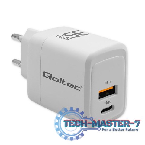 Ładowarka sieciowa 35W GaN | 5-20V | 1.5-3A | 1xUSB-C PD | 1xUSB QC 3.0 | Biała Ładowarka sieciowa 35W GaN | 5-20V | 1.5-3A | 1xUSB-C PD | 1xUSB QC 3.0 | Biała