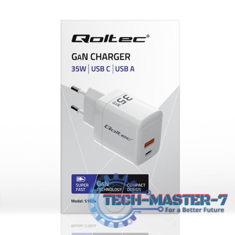 Ładowarka sieciowa 35W GaN | 5-20V | 1.5-3A | 1xUSB-C PD | 1xUSB QC 3.0 | Biała Ładowarka sieciowa 35W GaN | 5-20V | 1.5-3A | 1xUSB-C PD | 1xUSB QC 3.0 | Biała
