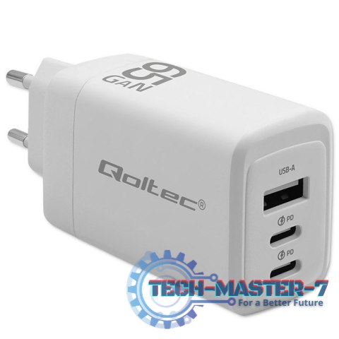 Ładowarka sieciowa 65W GaN | 5-20V | 3-3.35A | 2xUSB-C PD | 1xUSBQC 3.0 | Biała Ładowarka sieciowa 65W GaN | 5-20V | 3-3.35A | 2xUSB-C PD | 1xUSBQC 3.0 | Biała