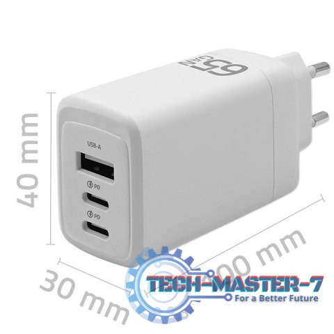 Ładowarka sieciowa 65W GaN | 5-20V | 3-3.35A | 2xUSB-C PD | 1xUSBQC 3.0 | Biała Ładowarka sieciowa 65W GaN | 5-20V | 3-3.35A | 2xUSB-C PD | 1xUSBQC 3.0 | Biała