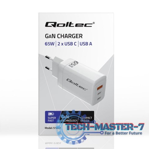 Ładowarka sieciowa 65W GaN | 5-20V | 3-3.35A | 2xUSB-C PD | 1xUSBQC 3.0 | Biała Ładowarka sieciowa 65W GaN | 5-20V | 3-3.35A | 2xUSB-C PD | 1xUSBQC 3.0 | Biała