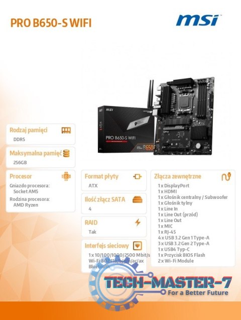 Płyta główna PRO B650-S WIFI AM5 4DDR5 HDMI/DP ATX Płyta główna PRO B650-S WIFI AM5 4DDR5 HDMI/DP ATX