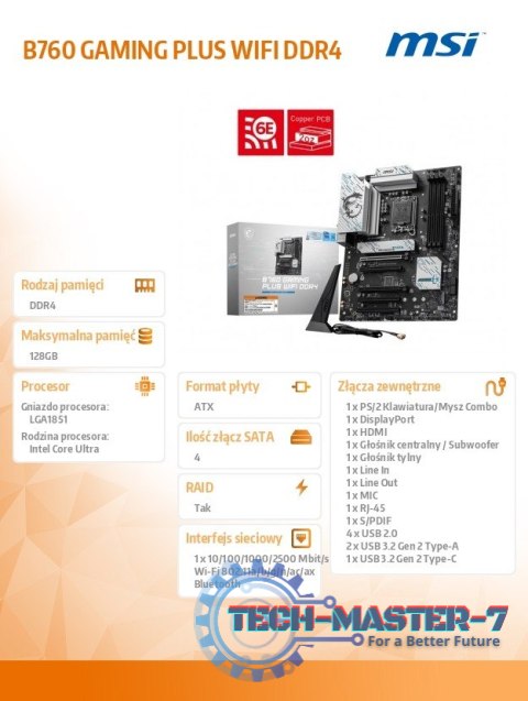 Płyta główna B760 GAMING PLUS WIFI s1700 4DDR4 DP/HDMI ATX Płyta główna B760 GAMING PLUS WIFI s1700 4DDR4 DP/HDMI ATX