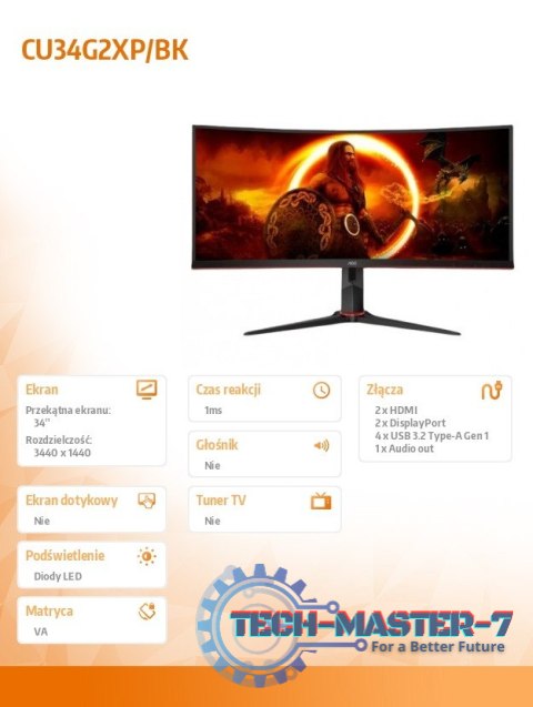 Monitor zakrzywiony CU34G2XP 34 cale VA 180Hz HDMIx2 DPx2 Monitor zakrzywiony CU34G2XP 34 cale VA 180Hz HDMIx2 DPx2