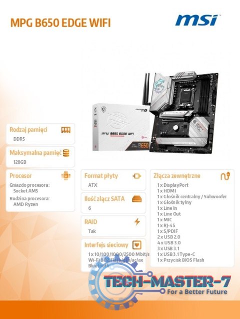 Płyta główna MPG B650 EDGE WIFI AM5 4DDR5 HDMI/DP ATX Płyta główna MPG B650 EDGE WIFI AM5 4DDR5 HDMI/DP ATX