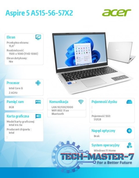 Notebook Aspire 5 A515-56-57X2 i5-1135G7 15.6 FHD 8GB 512GB W11H Notebook Aspire 5 A515-56-57X2 i5-1135G7 15.6 FHD 8GB 512GB W11H