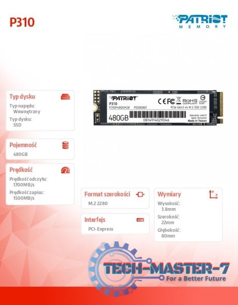 Dysk SSD P310 480GB M.2 2280 1700/1500 PCIe NVMe Gen3 x 4 Dysk SSD P310 480GB M.2 2280 1700/1500 PCIe NVMe Gen3 x 4