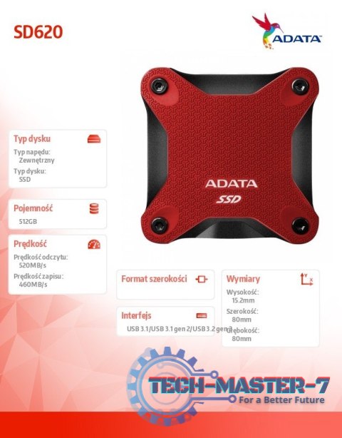 Dysk zewnętrzny SSD SD620 512G U3.2A 520/460 MB/s czerwony Dysk zewnętrzny SSD SD620 512G U3.2A 520/460 MB/s czerwony