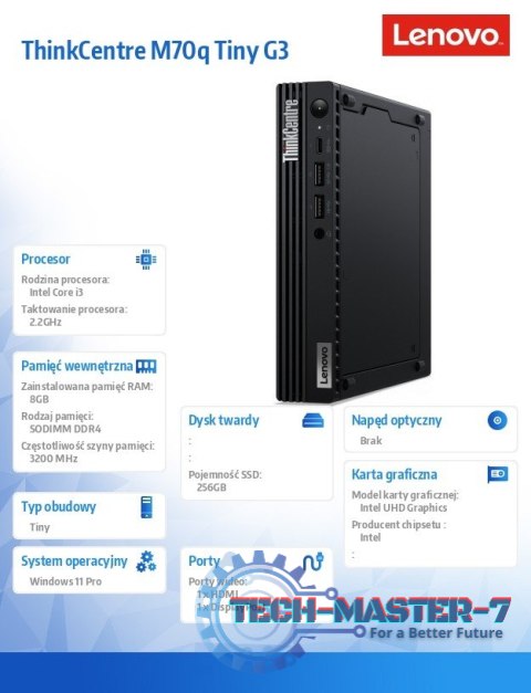 Komputer ThinkCentre M70q Tiny G3 11T3002PPB W11Pro i3-12100T/8GB/256GB/INT/3YRS OS Komputer ThinkCentre M70q Tiny G3 11T3002PPB W11Pro i3-12100T/8GB/256GB/INT/3YRS OS