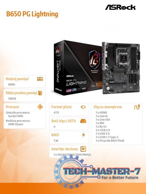 Płyta główna B650 PG LIGHTNING AM5 4DDR5 HDMI M.2 ATX Płyta główna B650 PG LIGHTNING AM5 4DDR5 HDMI M.2 ATX