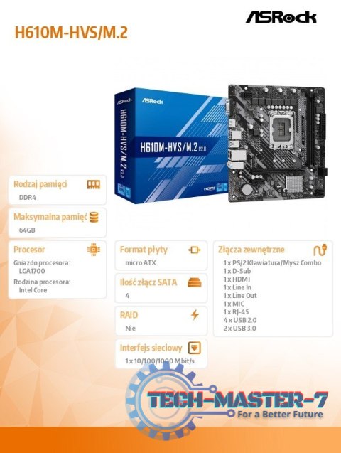 Płyta główna H610M-HVS/M.2 R2.0 s1700 2DDR4 D-Sub/HDMI mATX Płyta główna H610M-HVS/M.2 R2.0 s1700 2DDR4 D-Sub/HDMI mATX