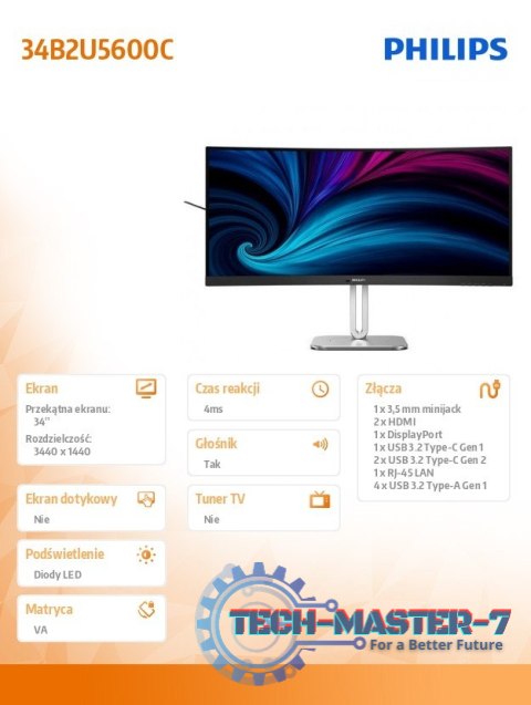 Monitor 34B2U5600C 34 cale Curved VA HDMIx2 DP HAS USB-C Głośniki Monitor 34B2U5600C 34 cale Curved VA HDMIx2 DP HAS USB-C Głośniki