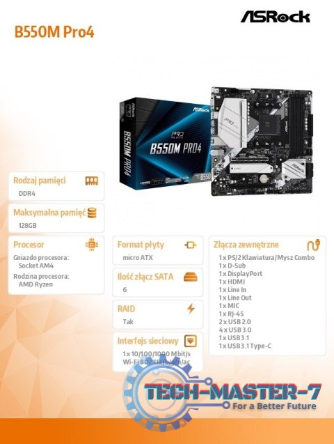 Płyta główna B550M Pro4 AM4 4DDR4 HDMI/DP/D-SUB M.2 mATX Płyta główna B550M Pro4 AM4 4DDR4 HDMI/DP/D-SUB M.2 mATX