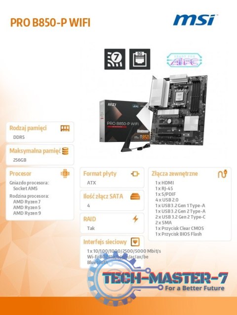 Płyta główna PRO B850-P WIFI AM5 4DD R5 ATX Płyta główna PRO B850-P WIFI AM5 4DD R5 ATX