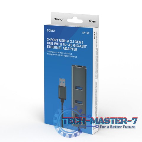 Hub AK-58 3-portowy USB-A 3.1 Gen 1 z adapterem RJ-45 Gigabit Ethernet Hub AK-58 3-portowy USB-A 3.1 Gen 1 z adapterem RJ-45 Gigabit Ethernet