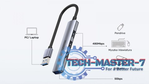 Hub USB-A; 3x USB-A 2.0; 1x USB-A 5 Gbps Aluminiowy Hub USB-A; 3x USB-A 2.0; 1x USB-A 5 Gbps Aluminiowy