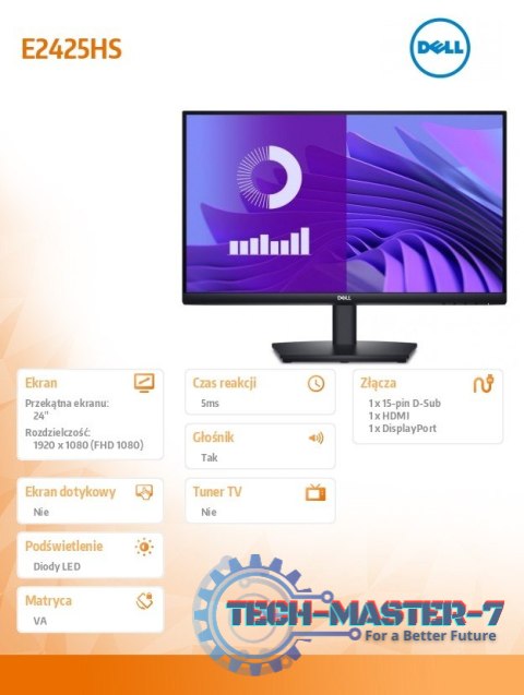 Monitor E2425HS 23.8 cala VA LED FHD/(1920x1080)/16:9/DP/HDMI/VGA/Głośniki/3Y Monitor E2425HS 23.8 cala VA LED FHD/(1920x1080)/16:9/DP/HDMI/VGA/Głośniki/3Y
