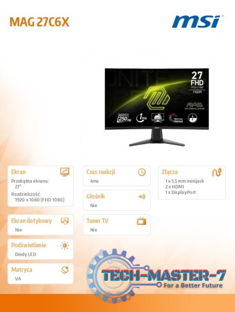 Monitor 27 cali MAG 27C6X LED/FHD/Curved/250Hz/czarny Monitor 27 cali MAG 27C6X LED/FHD/Curved/250Hz/czarny