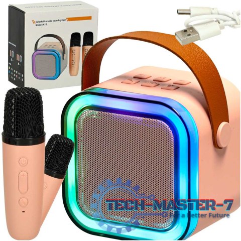 Zestaw do karaoke 2 mikrofony + głośnik przenośny BLUETOOTH USB LED różowy Zestaw do karaoke 2 mikrofony + głośnik przenośny BLUETOOTH USB LED różowy