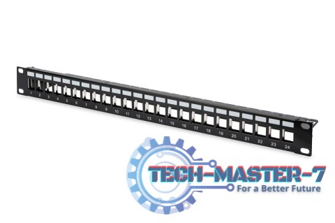 Panel krosowy (patch panel) modularny 19" 24 porty pod moduły keystone, 1U, ekranowany, prowadnica kabli, pola opisowe, czarny Panel krosowy (patch panel) modularny 19" 24 porty pod moduły keystone, 1U, ekranowany, prowadnica kabli, pola opisowe, czarny