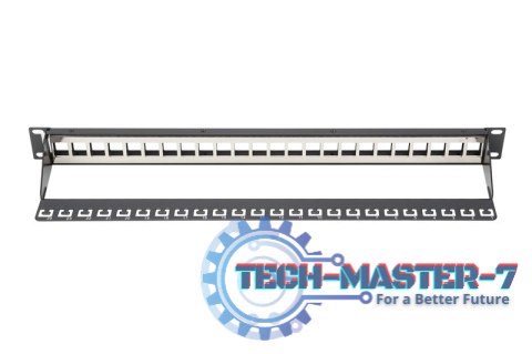 Panel krosowy (patch panel) modularny 19" 24 porty pod moduły keystone, 1U, ekranowany, prowadnica kabli, pola opisowe, czarny Panel krosowy (patch panel) modularny 19" 24 porty pod moduły keystone, 1U, ekranowany, prowadnica kabli, pola opisowe, czarny