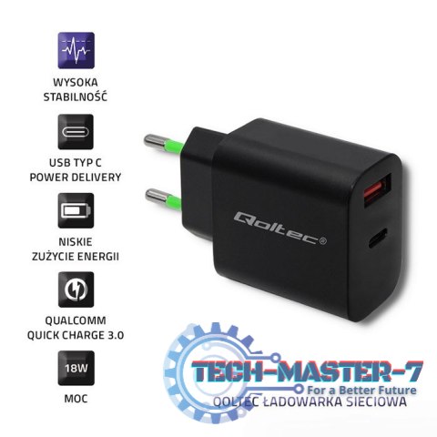 Ładowarka sieciowa | 18W | 5-12V | 1.5-3A | USB typ C PD | USB QC 3.0 | Czarna Ładowarka sieciowa | 18W | 5-12V | 1.5-3A | USB typ C PD | USB QC 3.0 | Czarna