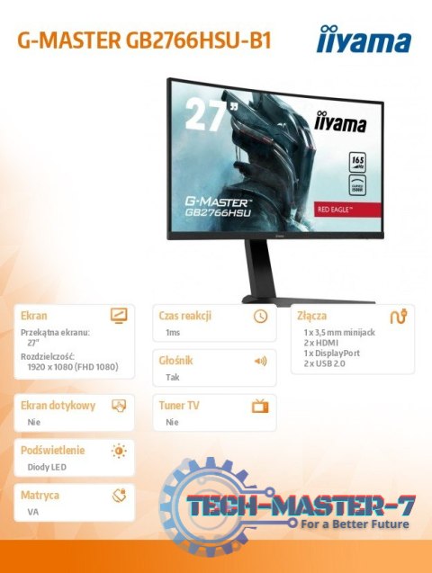 Monitor 27 cali GB2766HSU-B1 VA,165HZ,1500R,1MS,DP,HDMIx2,USB,FreeSyn Monitor 27 cali GB2766HSU-B1 VA,165HZ,1500R,1MS,DP,HDMIx2,USB,FreeSyn