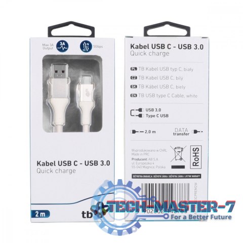 Kabel USB 3.0 - USB C 2m PREMIUM 3A biały TPE Kabel USB 3.0 - USB C 2m PREMIUM 3A biały TPE