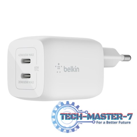 Podwójna ładowarka ścienna USB-C GaN z PPS 65 W Biała Podwójna ładowarka ścienna USB-C GaN z PPS 65 W Biała