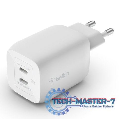 Podwójna ładowarka ścienna USB-C GaN z PPS 65 W Biała Podwójna ładowarka ścienna USB-C GaN z PPS 65 W Biała