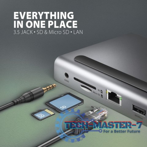 HMC-4KX3 Wieloportowy hub USB 11in1, 5Gbps, 3x USB-A, 2x HDMI 4K/60Hz+ DP 4K/60Hz+ GLAN + SD/microSD + audio, PD 100W, 40cm USB- HMC-4KX3 Wieloportowy hub USB 11in1, 5Gbps, 3x USB-A, 2x HDMI 4K/60Hz+ DP 4K/60Hz+ GLAN + SD/microSD + audio, PD 100W, 40cm USB-