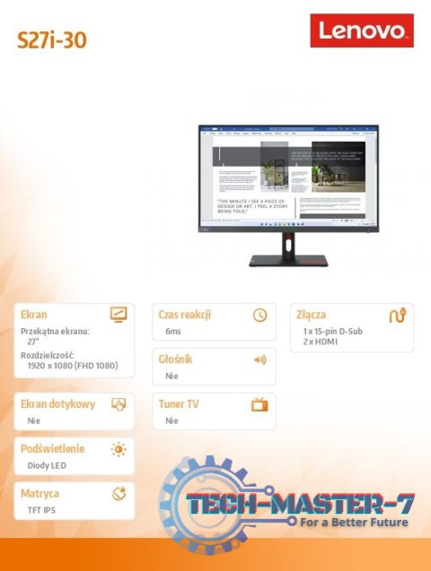 Monitor ThinkVision S27i-30 27 cali 63DFKAT4EU Monitor ThinkVision S27i-30 27 cali 63DFKAT4EU