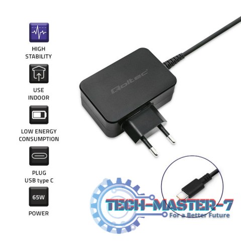 Ładowarka sieciowa 65W | 5-20V | 3-3.25A | USB typ C | PD | Czarna Ładowarka sieciowa 65W | 5-20V | 3-3.25A | USB typ C | PD | Czarna