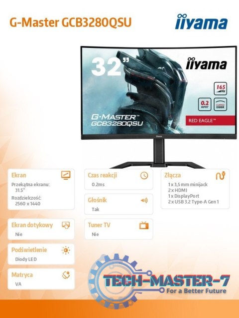 Monitor G-Master 31.5 cala GCB3280QSU-B1 VA,QHD,165Hz,1500R,0.2ms,2xHDMI,2xDP Monitor G-Master 31.5 cala GCB3280QSU-B1 VA,QHD,165Hz,1500R,0.2ms,2xHDMI,2xDP