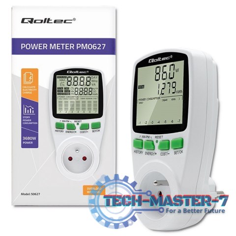 Watomierz Licznik zużycia energii PM0627 z historią pomiaru | 3680W | 16A | LCD Watomierz Licznik zużycia energii PM0627 z historią pomiaru | 3680W | 16A | LCD