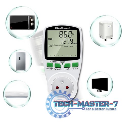 Watomierz Licznik zużycia energii PM0627 z historią pomiaru | 3680W | 16A | LCD Watomierz Licznik zużycia energii PM0627 z historią pomiaru | 3680W | 16A | LCD