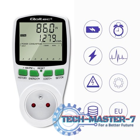 Watomierz Licznik zużycia energii PM0627 z historią pomiaru | 3680W | 16A | LCD Watomierz Licznik zużycia energii PM0627 z historią pomiaru | 3680W | 16A | LCD