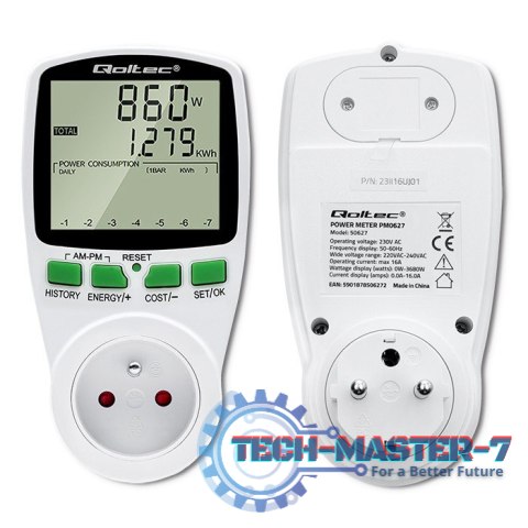 Watomierz Licznik zużycia energii PM0627 z historią pomiaru | 3680W | 16A | LCD Watomierz Licznik zużycia energii PM0627 z historią pomiaru | 3680W | 16A | LCD