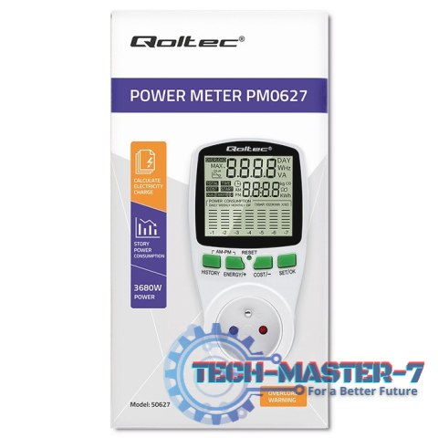 Watomierz Licznik zużycia energii PM0627 z historią pomiaru | 3680W | 16A | LCD Watomierz Licznik zużycia energii PM0627 z historią pomiaru | 3680W | 16A | LCD