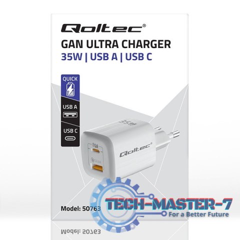 Ładowarka sieciowa 35W GaN ULTRA | 5-20V | 2.25-3A | 1 x USB typ C PD | 1 x USB | Biała Ładowarka sieciowa 35W GaN ULTRA | 5-20V | 2.25-3A | 1 x USB typ C PD | 1 x USB | Biała