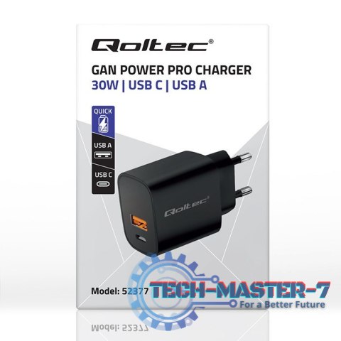 Ładowarka GaN Power Pro | 1xUSB-C | 1xUSB | 30W | 5-20V | 1.5-3A | Czarna Ładowarka GaN Power Pro | 1xUSB-C | 1xUSB | 30W | 5-20V | 1.5-3A | Czarna