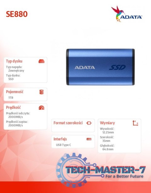 Dysk zewnętrzny SSD SE880 1TB USB3.2A/C Gen2x2 Niebieski Dysk zewnętrzny SSD SE880 1TB USB3.2A/C Gen2x2 Niebieski