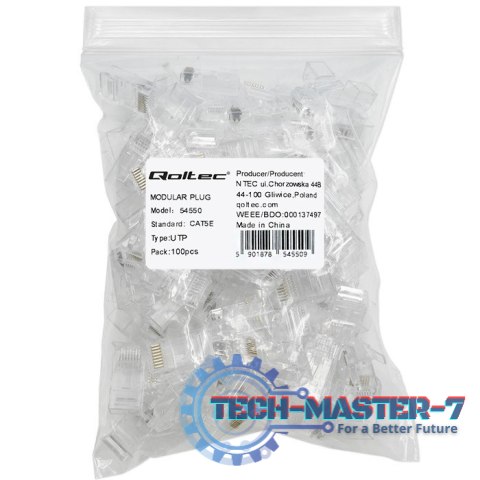 Wtyk złącze modularne RJ45 | CAT5e | UTP | Pozłacane styki | 100 sztuk Wtyk złącze modularne RJ45 | CAT5e | UTP | Pozłacane styki | 100 sztuk